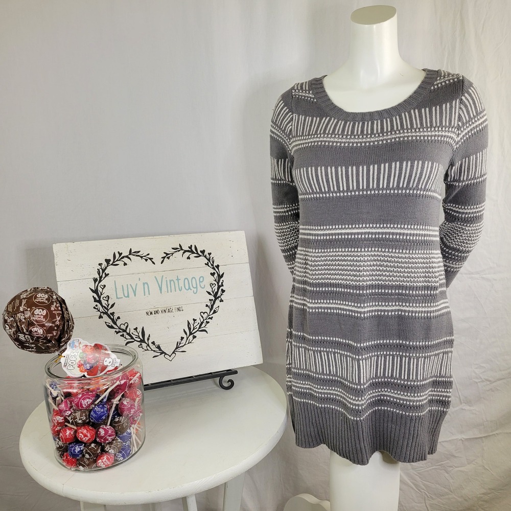 iS2 Womens Grey White Striped Knit Long Sleeve Crew Neck Sweater Dress Size M